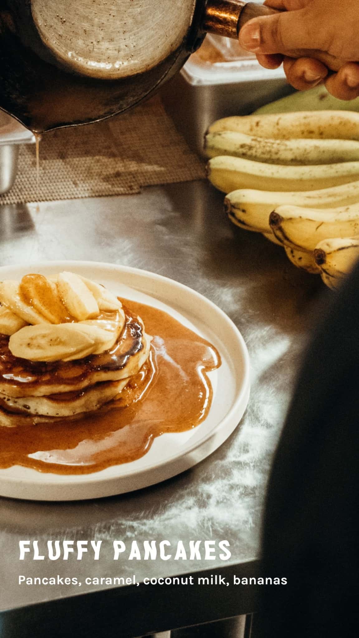 Stack of banana pancakes with syrup
