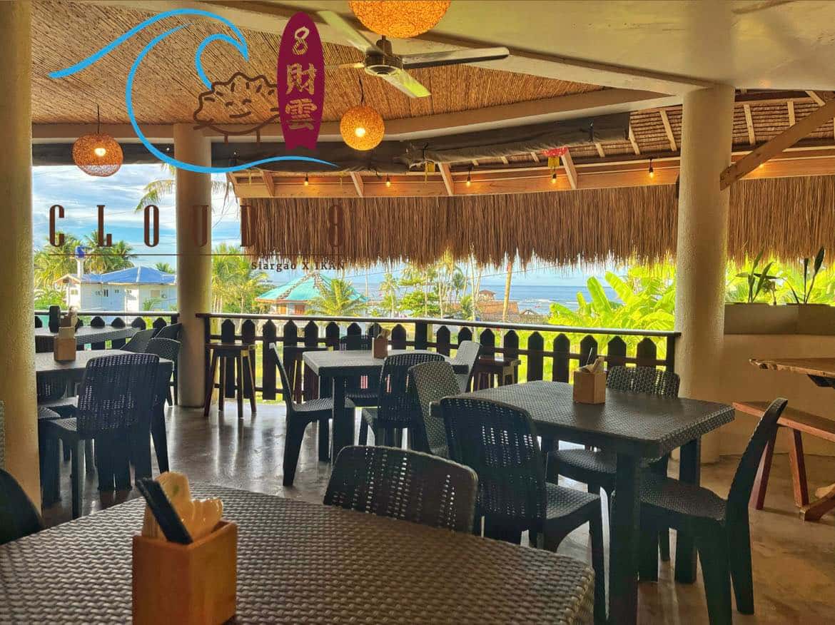Open sided restaurant with bar stools looking out to the sea