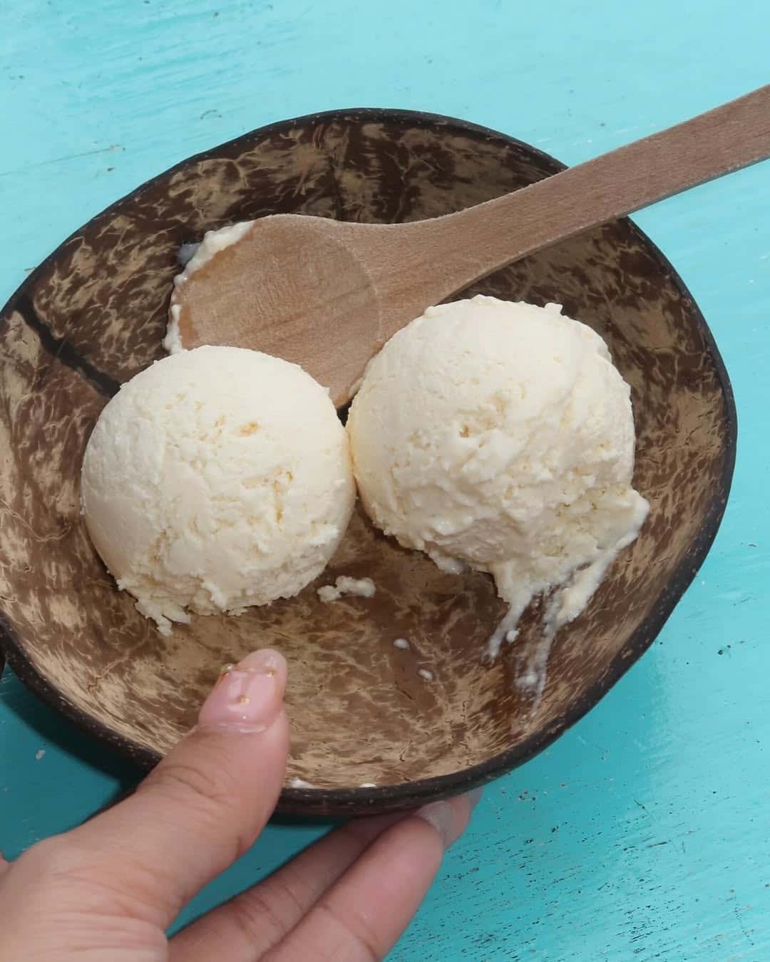 Two scoops of coconut ice cream in a coconut shell