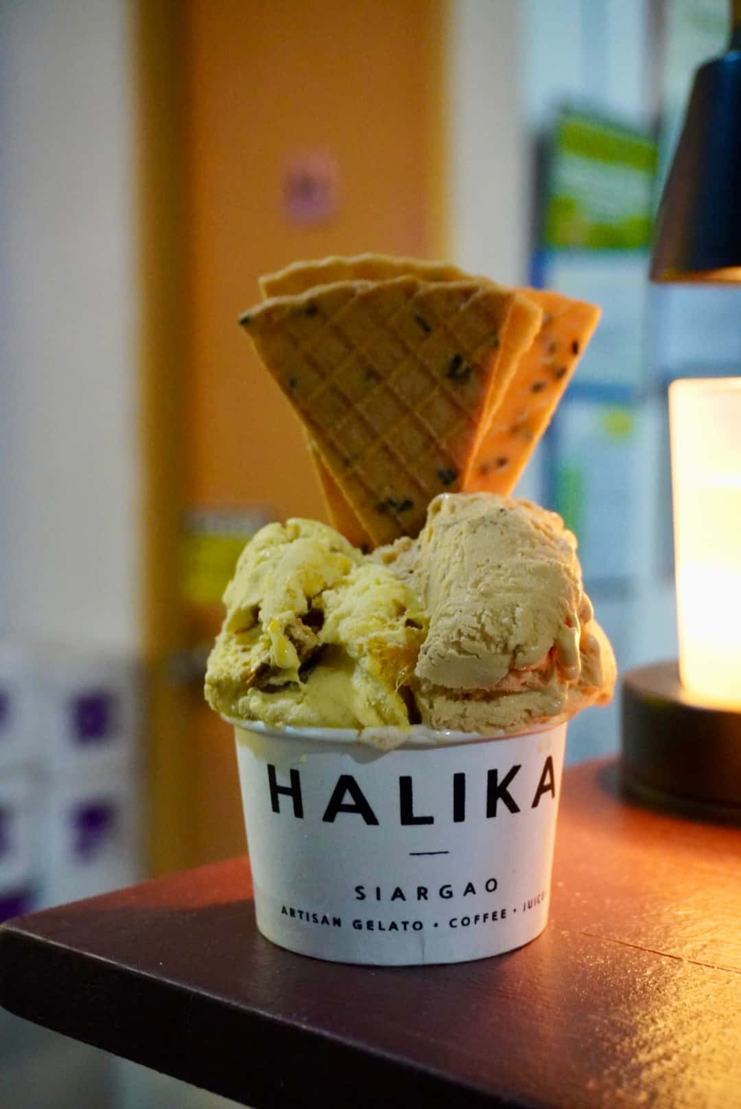 Gelato cup with waffle at Halika, General Luna