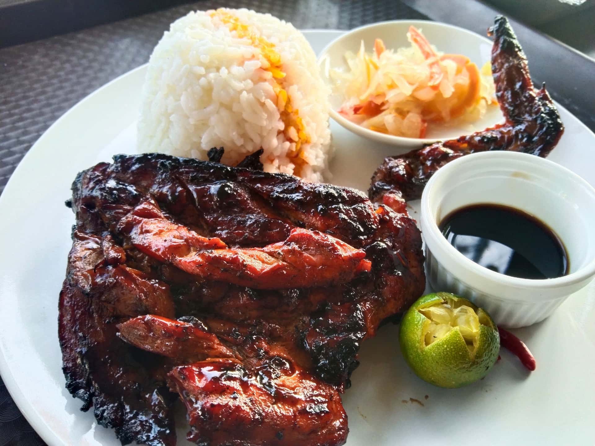 Grilled pork belly with rice at Roadside Diners, San Juan, Siquijor