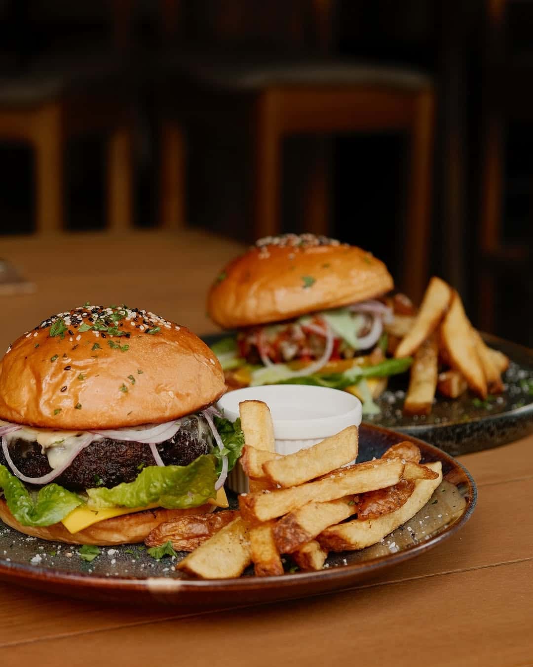 Beef burger with fries and dip