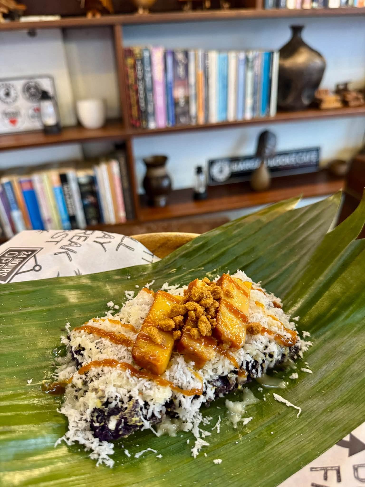 Special Puto Bumbong on a banana leaf at Siargao Books Cafe