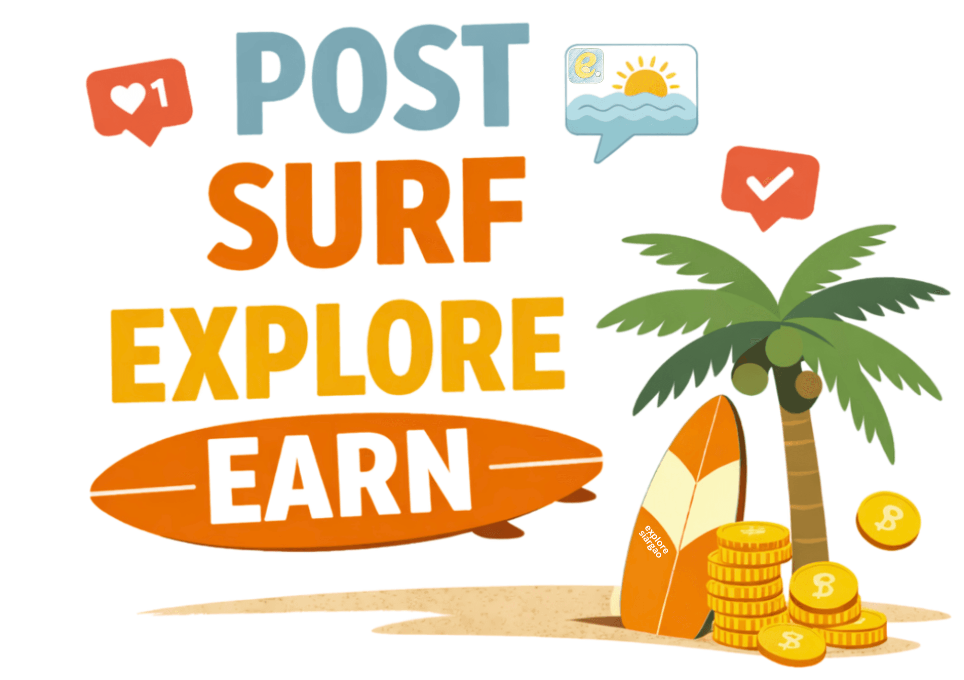 Koobo creator program graphic promoting earning money by sharing surfing and travel adventures in Siargao.