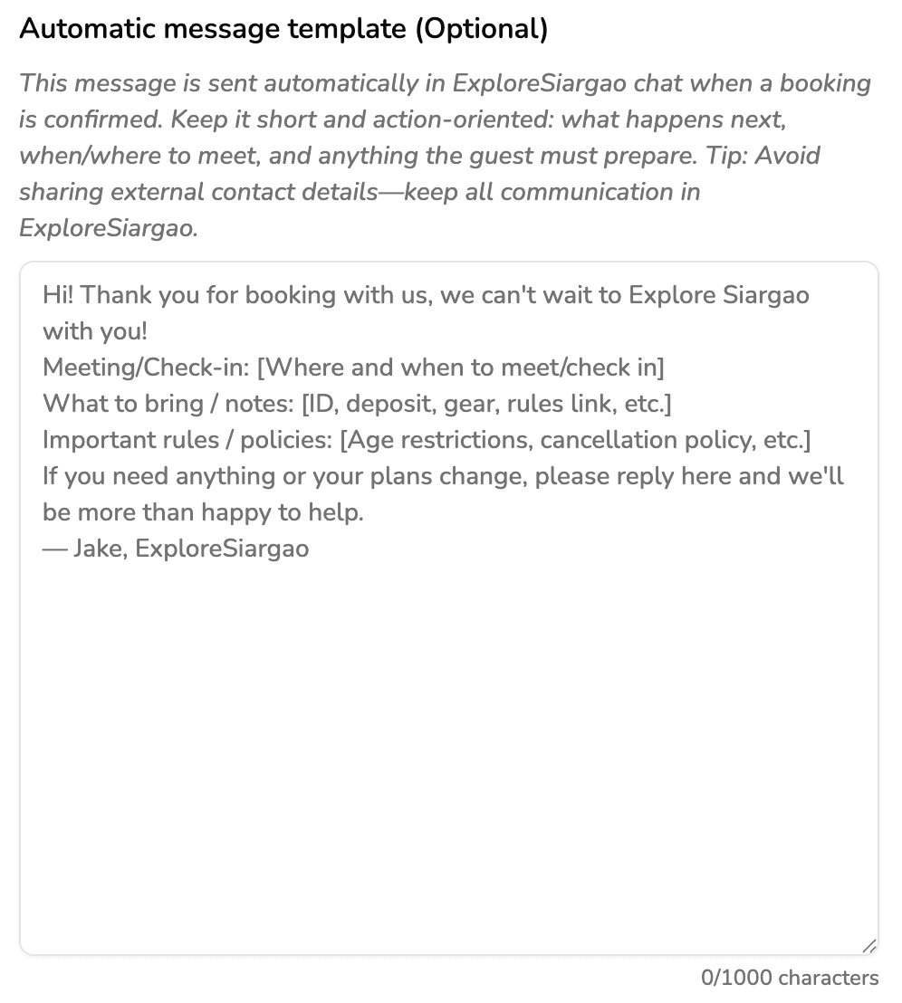 Host Automatic Message Template Koobo