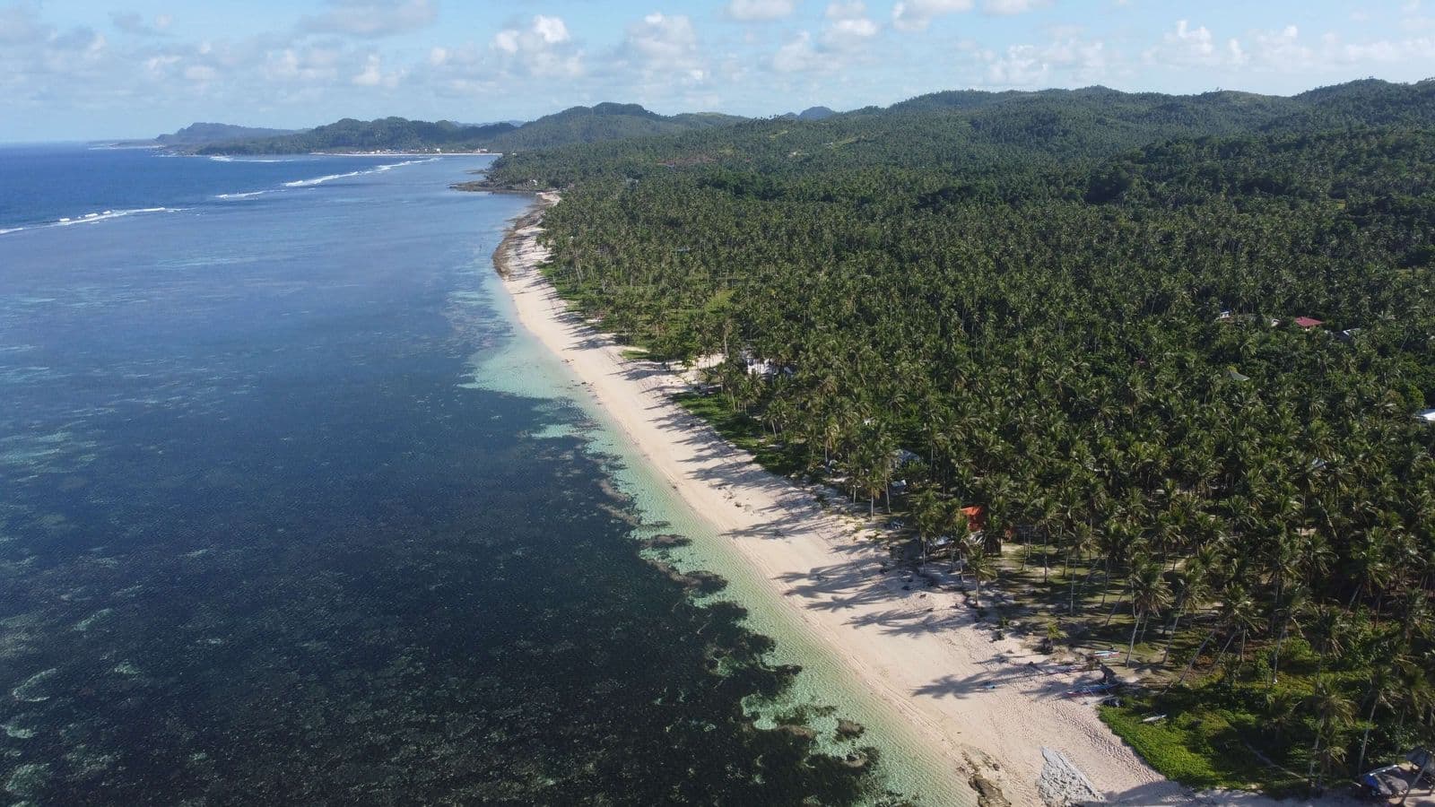 Aerial view of the long white-sand curve of Alegria Beach, north Siargao