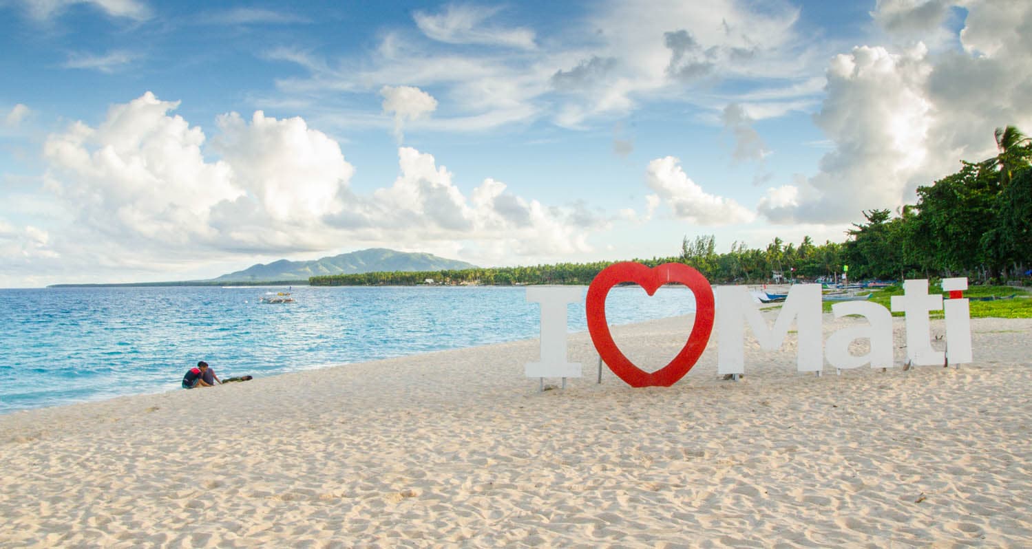 I Love Mati sign on the sand at Dahican Beach