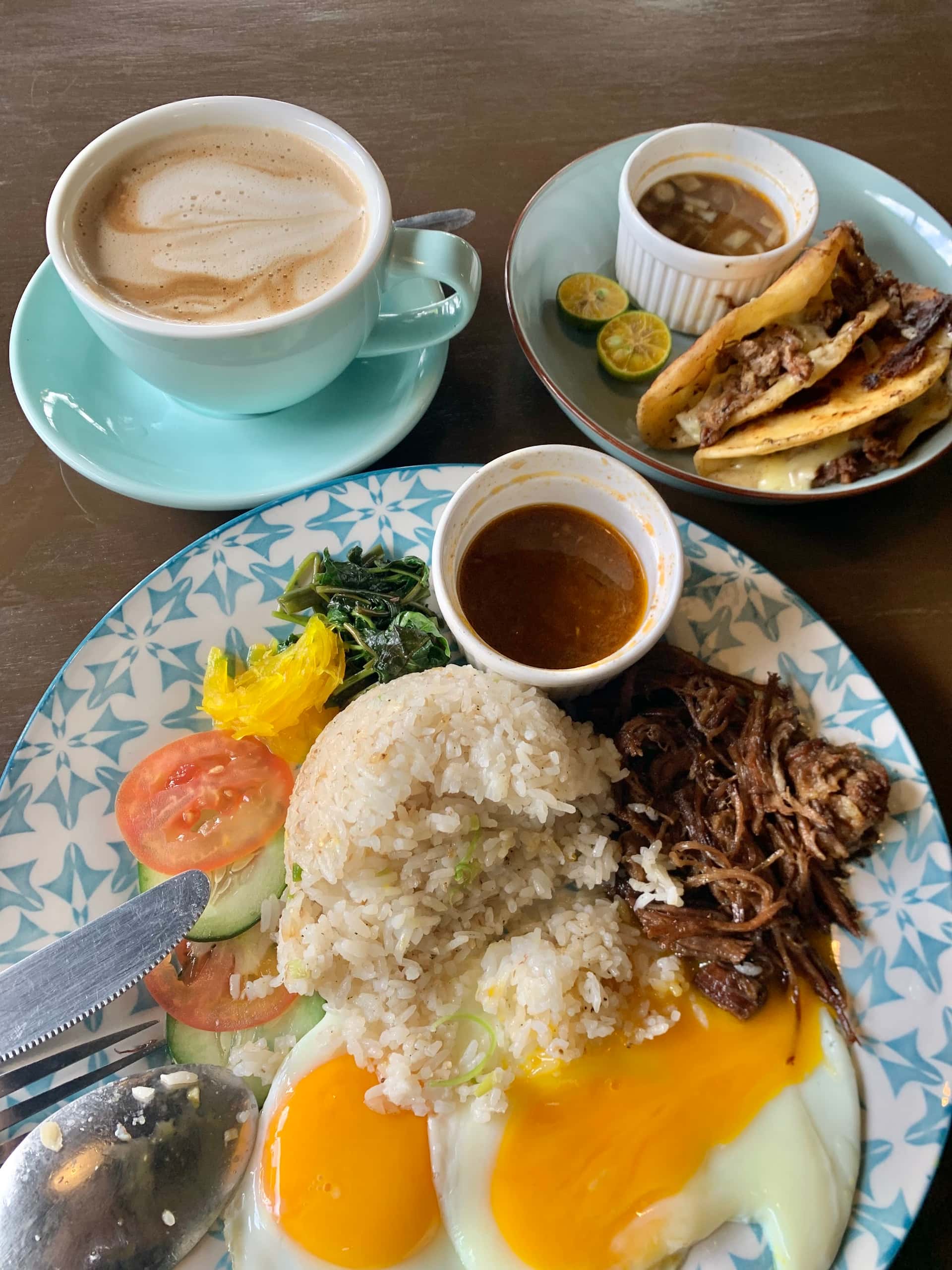 Beef tapa with garlic rice and coffee at Yolked Siargao, General Luna